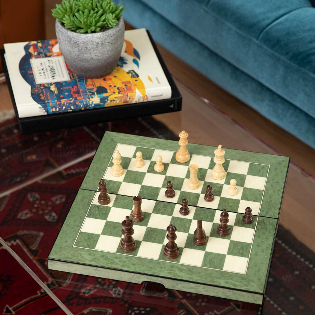 Designer Deluxe Backgammon Set, Chess and Checkers Game - Modern Custom Crafted Inlaid Lacquer Finished Wood Board
