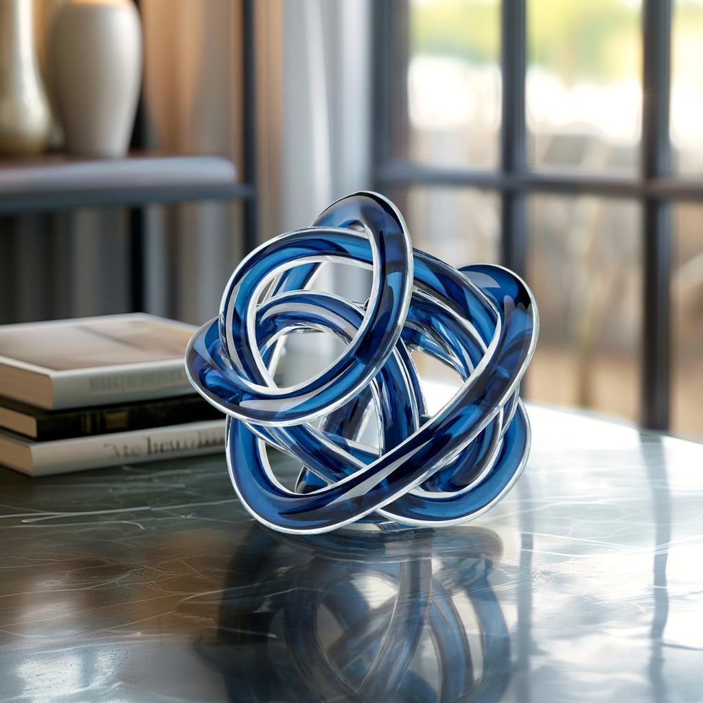Orbit Hand Blown Glass Infinity Knot Sculpture - 4.5 Inch Glass Art Blue Knot Decor Ball Decor, Small Centerpiece