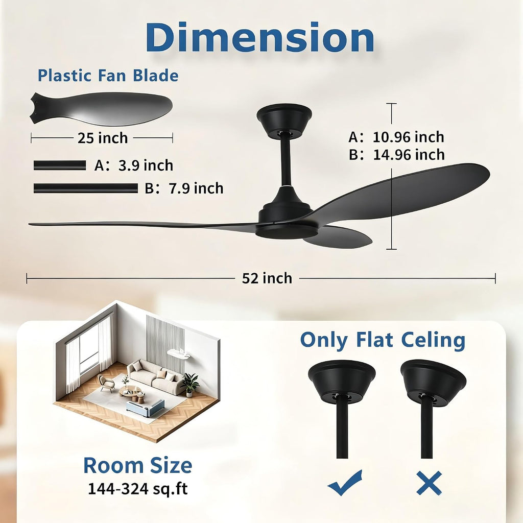 52" Ceiling Fan with Remote: Quiet Reversible Black Fan No Light