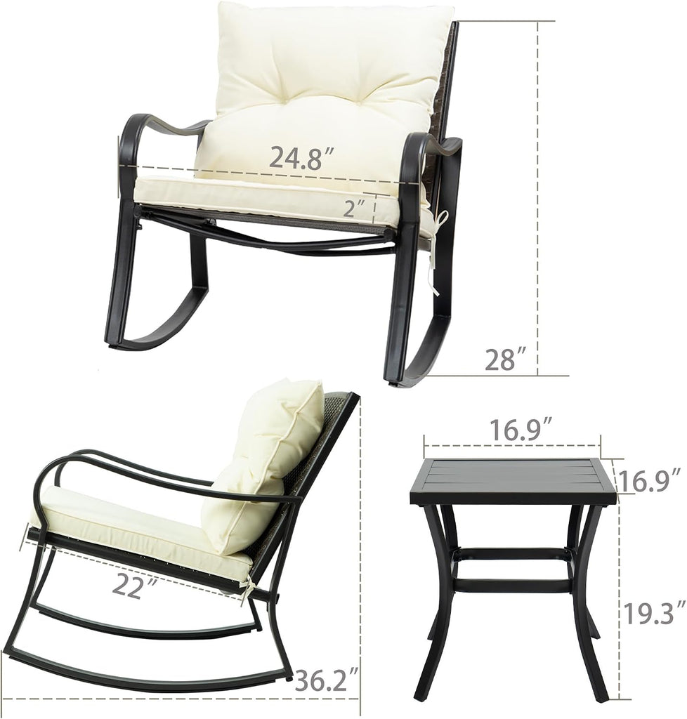 3 Piece Outdoor Rocking Chairs Patio Bistro Set | Coffee Table and Cushions, Patio Wicker Rocking Chair Furniture Set