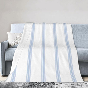 Vintage French Ticking Stripe Pattern Blue White Reversible Flannel Throw Blanket - Ultra Soft Lightweight 80"X60"