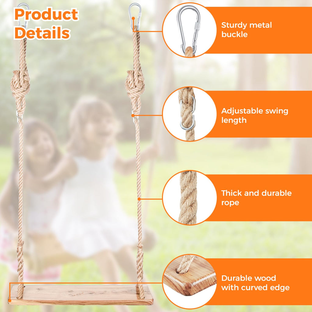 Wooden Tree Swing, Wooden Swing for Adults/Kids with 500lbs Load Capacity Waterproof Wooden Swing Seat Adjustable Hemp