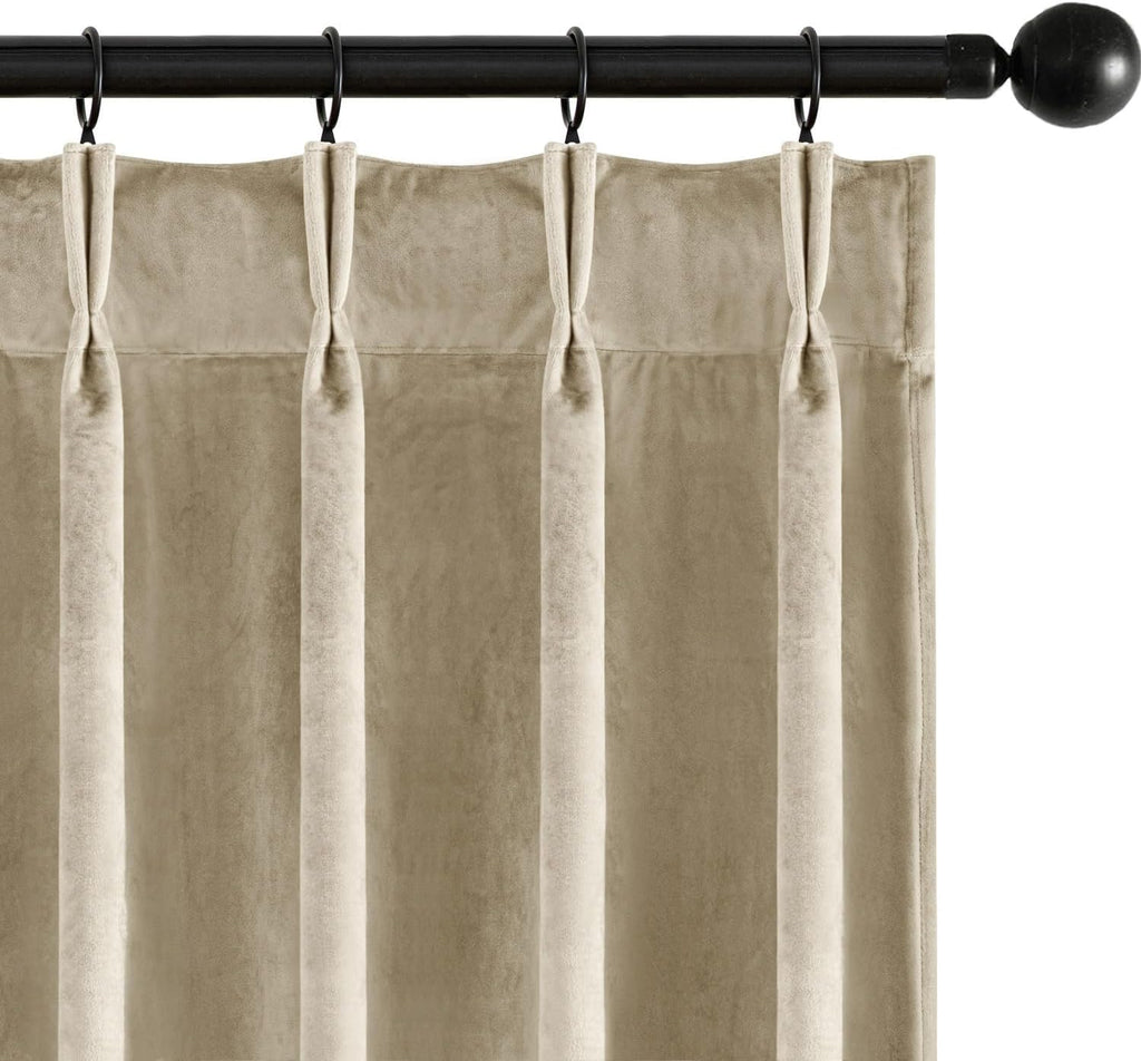 Beige Velvet Curtains 96 inches Long, Pinch Pleated Blackout Drapes with Hooks, Thermal Insulated Pinch Pleat Panels