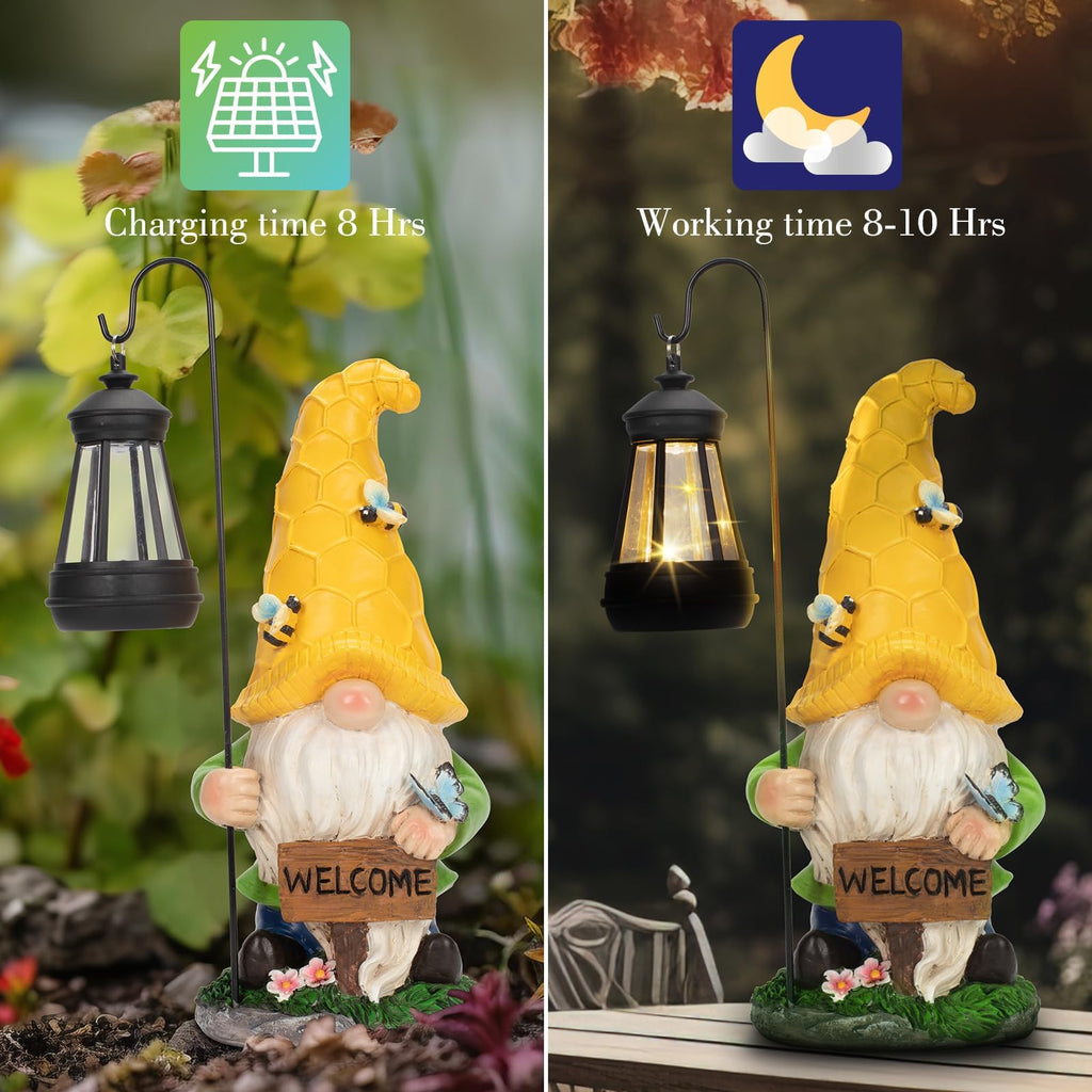 Solar Garden Gnome Statue with Lantern - Hand-Painted Resin Gnome Decor, IP44 Waterproof Outdoor Figurine for Yard