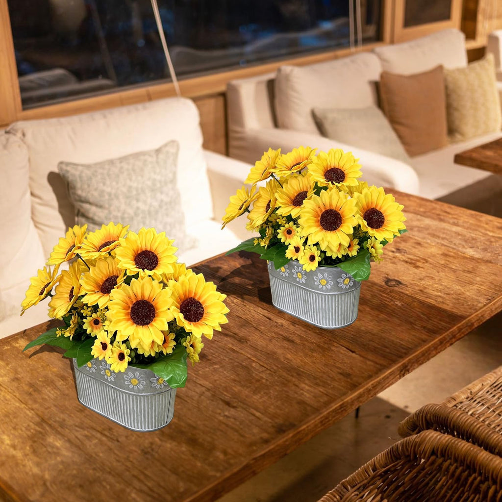 Artificial Flowers Fake Sunflowers in Pot, Faux Silk Flowers Floral Table Centerpiece Decoration, Rustic Potted - Set of 3