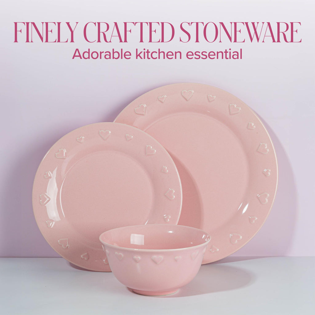 12-Piece Dinnerware Set, Embossed Hearts. Iconic Ceramic Stoneware Service for 4 with Dinner Plates, Salad Plates