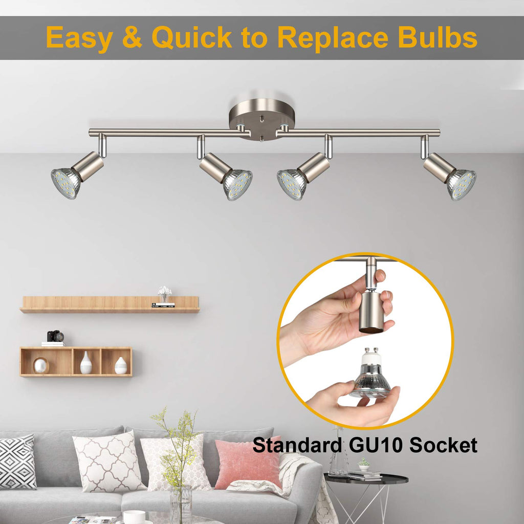 LED Track Lighting Kit, Flexibly Rotatable Light Heads, 4 Way Ceiling Spotlight Matt Nickel Finish, Including