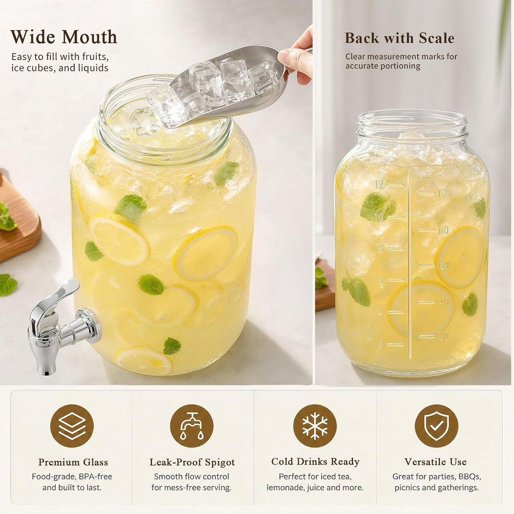 Gallon Large with Stand for Parties, Glass Iced Beverage Dispensers with Spigot, Reusable Water Dispenser - Set of 2