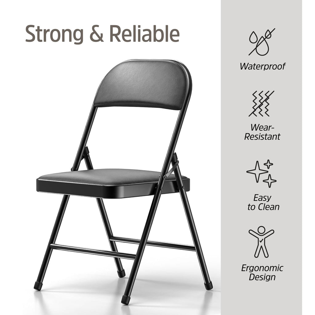 4 Pack Black Padded Folding Chairs with Cushioned Seat & Backrest - Comfortable PU Leather, Heavy-Duty Steel Frame