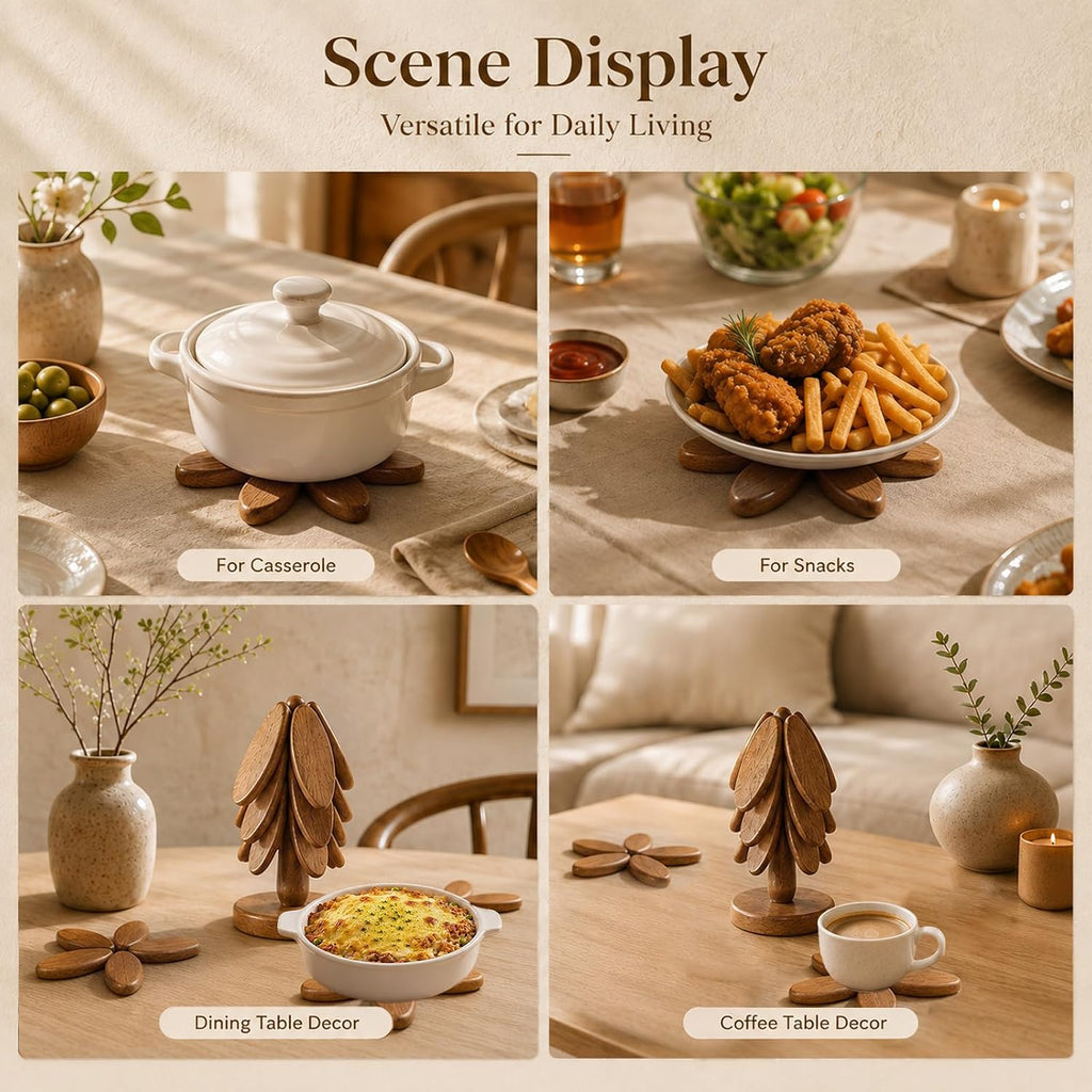Wooden Trivets Set for Hot Dishes Kitchen Foldable Heat Resistant Trivet