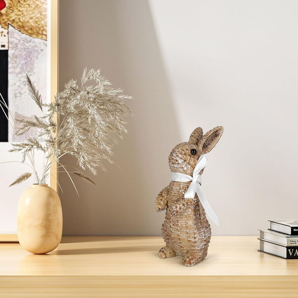 Rattan Effect Resin Bunny Easter Decor,Table Rabbit Easter Decorations,Spring Bunnies Decoration Statue Figurine - Set of 2