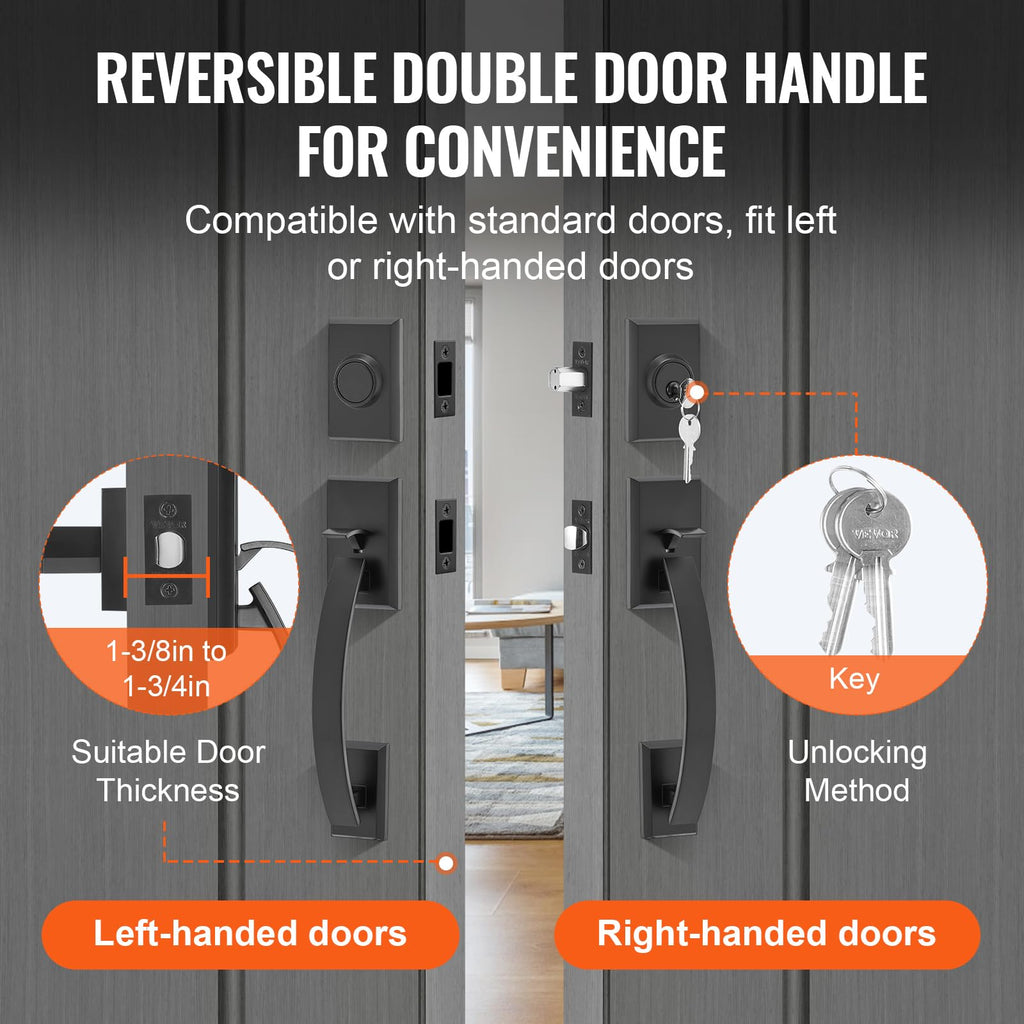 Double Door Handle Set, Matte Black Arched Door Lever, Double Front Door Handle Set with Reversible Handle Lever