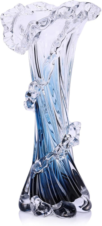 Hand Blown Blue Glass Vase, Unique Art Beautiful Ocean Glass Vase for Coastal Home Decor, Coffee Table, Living Room