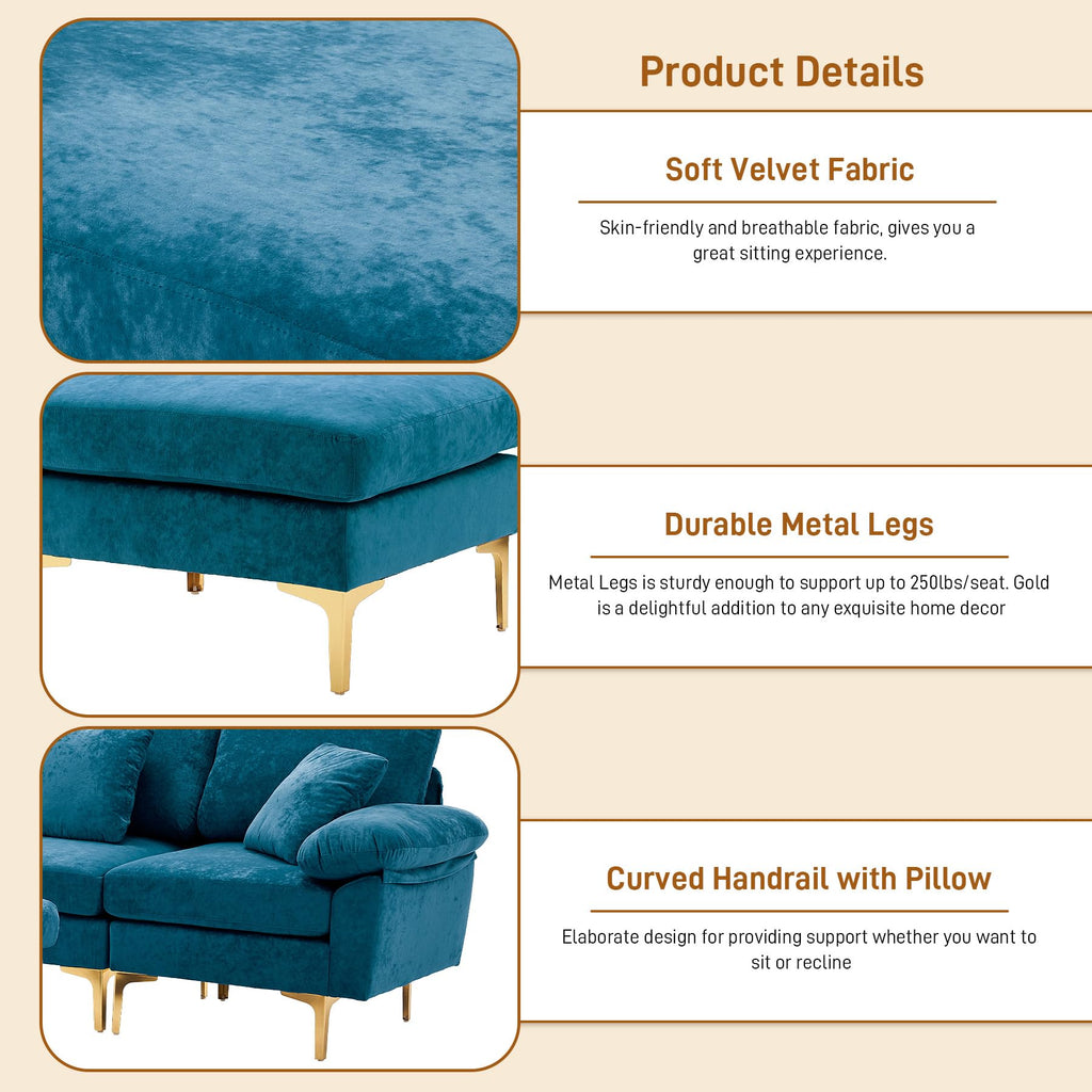 114" U-Shaped Velvet Sectional Couch with Ottoman, Teal Blue