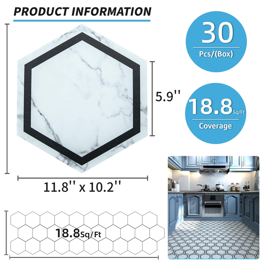 30-Pack Hexagon Peel and Stick Vinyl Floor Tiles, White Marble
