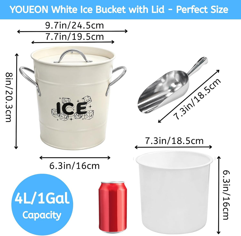 4L Ice Bucket with Scoop and Lid, White Galvanized Steel Beverage Tub with Handles, Double Wall Insulated Wine