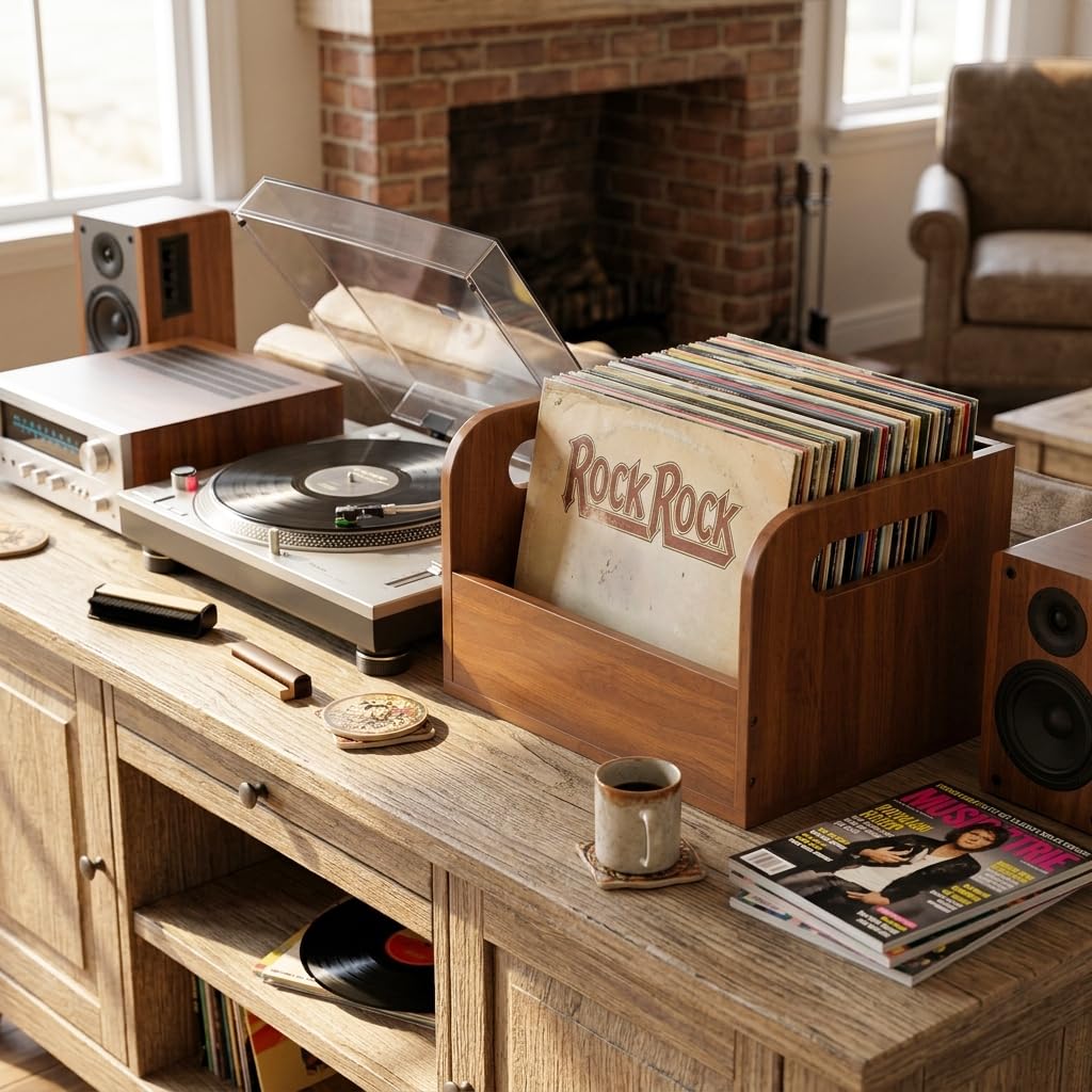 100% Solid Wood Vinyl Record Storage Retro & Sturdy Wooden Vinyl Crate