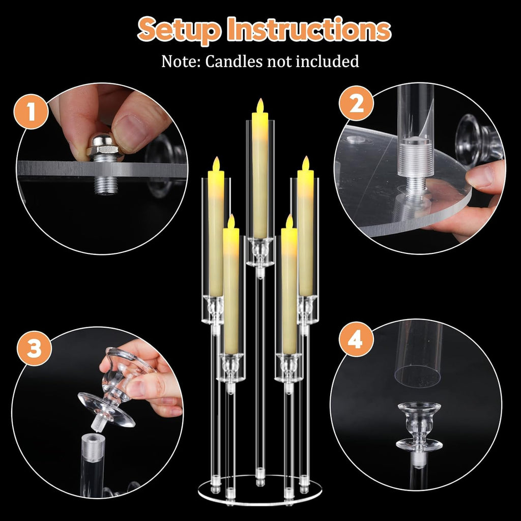 6 Sets 5 Arms Acrylic Candelabra Centerpieces for Tables,Clear Candle Holder,Ceremony Dinner Party, 27" Tall