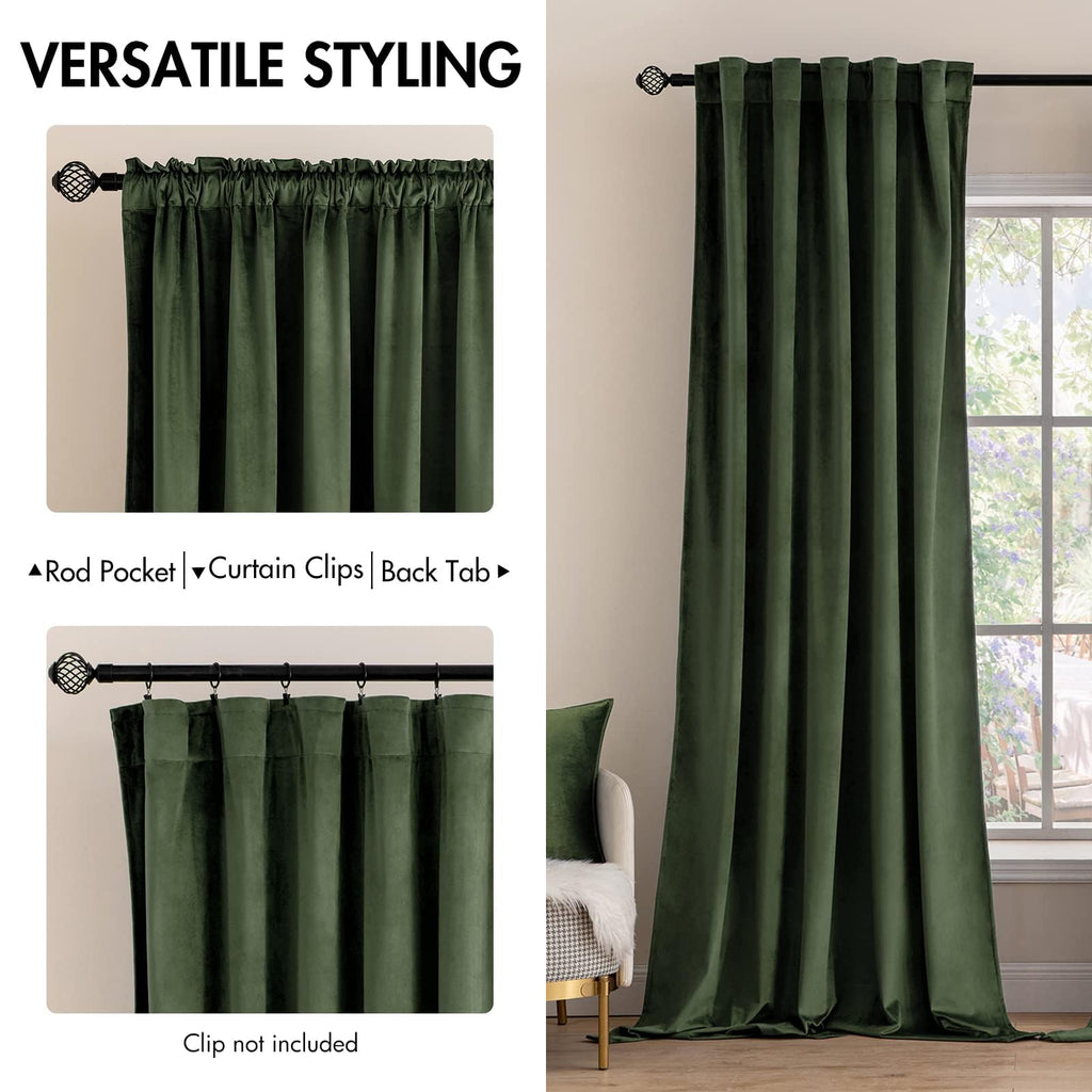 Velvet Curtains 52x84 inches 2 Panels Olive Green Blackout Curtains