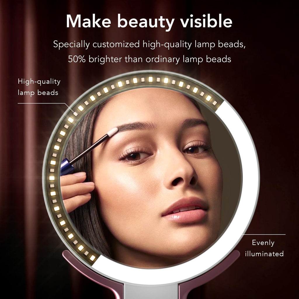 Travel Makeup Mirror with Lights, Rechargeable Double-Sided 10X/1X Magnifying Mirror, Portable Lighted Beauty Mirror