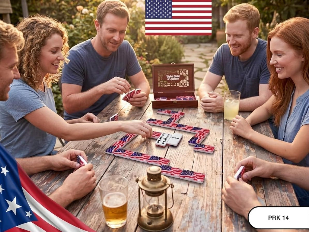 American flag Premium Edition USA Dominoes Set Deluxe - Double Six Domino Tiles with American Flag Design - Resin &