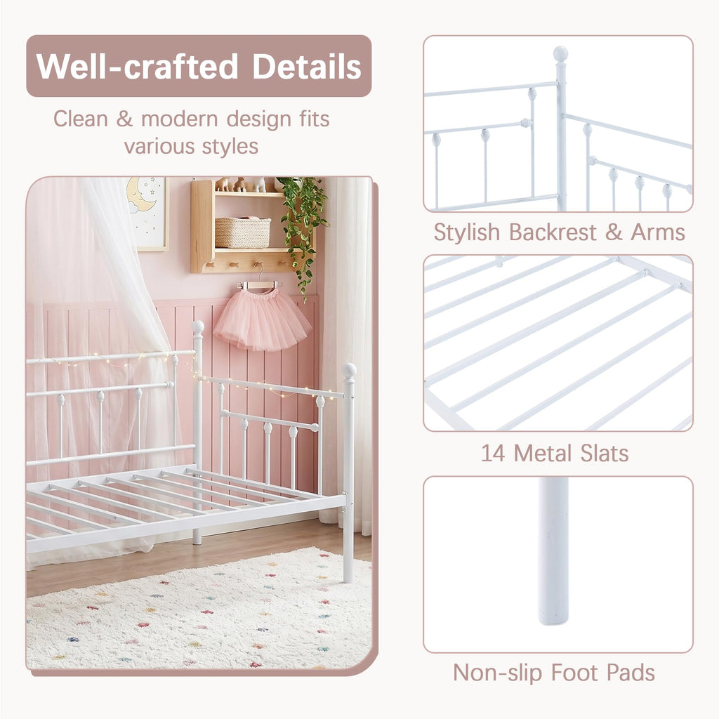 Twin Size Daybed Frame Metal Steel Slat Support with Headboard Sofa Bed Platform, Guest Room, Easy Assembly, White