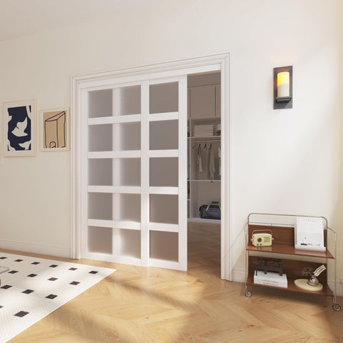 Sliding Closet Door, 5-Lite Frosted Glass Interior Door, 60"(Double 30") x 80" Closet Doors with Com