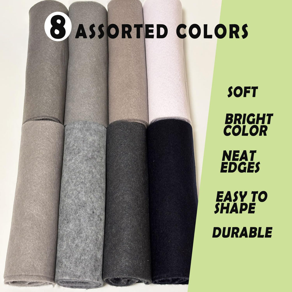 Black White Grey 8 Assorted Soft Felt Sheets Fabric 8'' x 36'' 1.6mm Thick