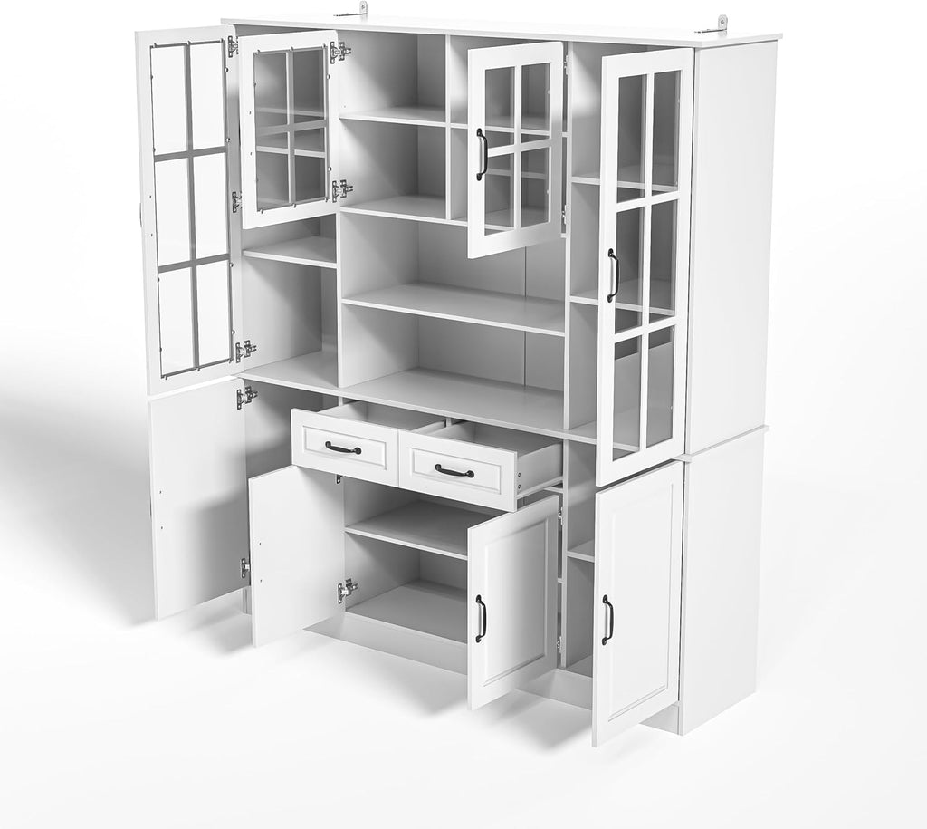 MU Kitchen Storage Cabinet with Glass Doors, Large China Hutch with 2 Drawers & 5 Adjustable Shelves, Kitchen Pantry