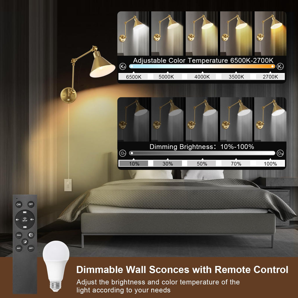 Wall Sconce with Remote Control, Brushed Brass Plug in Wall Sconces Dimmable and Adjustable Color Temperature