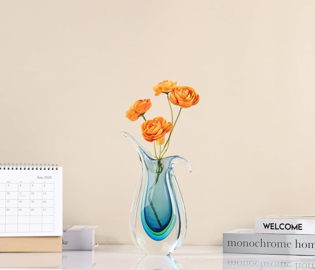 Blown Glass vase, Unique Murano Style Glass Art Deco vase TV Stand, Table Setting, Office, Room and Desktop