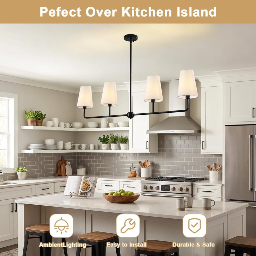 47.6" Large Linear Pendant Light, 4-Light Kitchen Island Lighting with White Linen Shades, Modern Matte Black