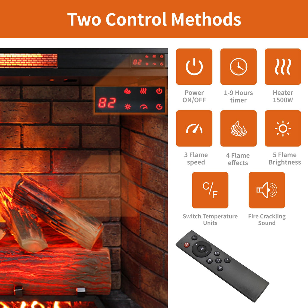 33" Electric Fireplace Insert w/Trim Kit, Hardwired or Plug-in, Realistic Crackling Sound & 4 Flame Colors, 1500W