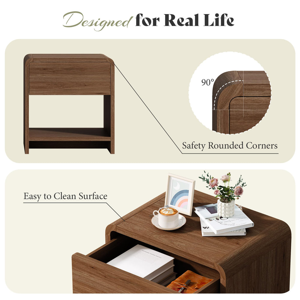 Nightstands Set of 2 with Storage Drawer & Shelves, Walnut