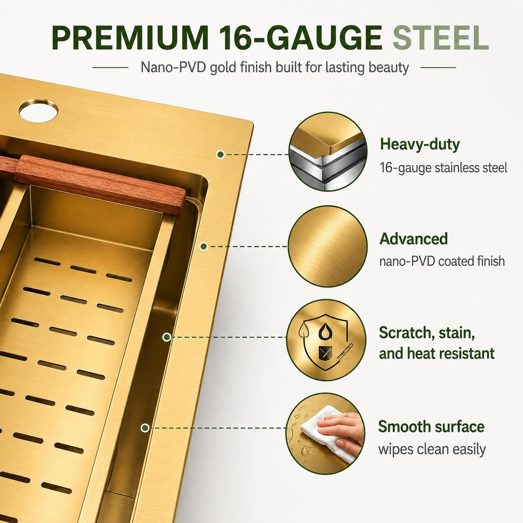 25 Inch Gold Drop- Sink, 16 Gauge Workstation Sink