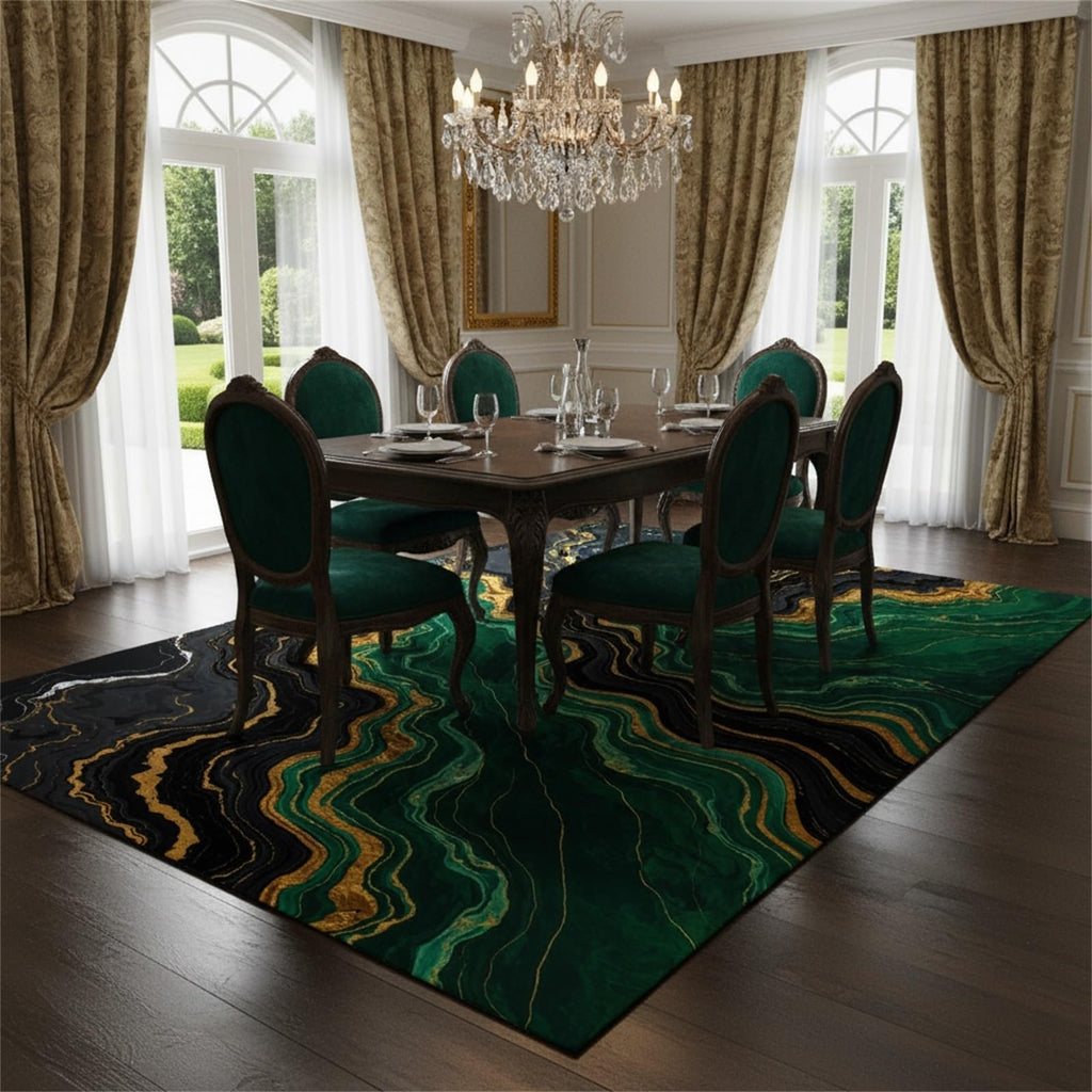 Emerald Green Black Gold Modern Abstract Marble Pattern Large Rugs Bedroom Dining Room Art Deco Aesthetic Unique