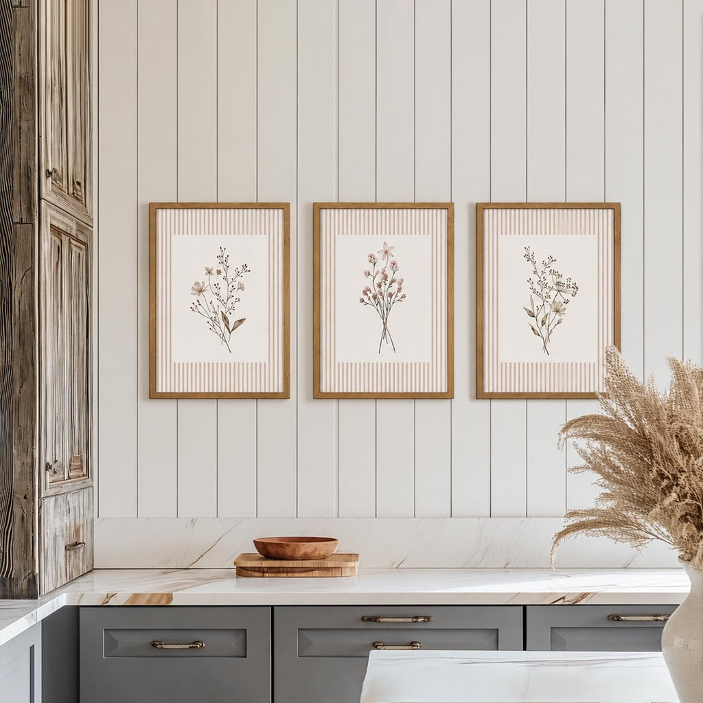 Neutral Wildflower Wall Art Set of 3, Vintage Botanical Floral Canvas Wall Decor, Rustic Cottagecore Striped Flower