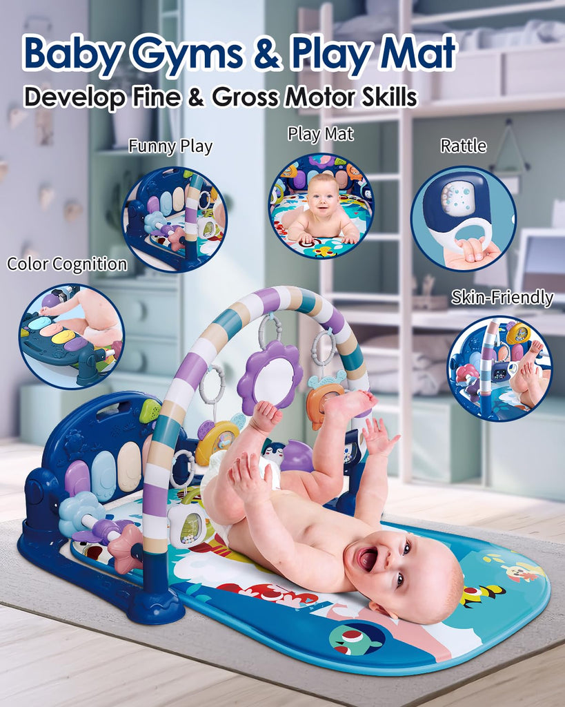 Blue Tiger Theme Baby Play Mat Gym with Kick & Play Piano