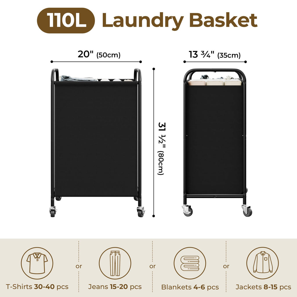 Laundry Hamper, Large Cart with Wheels and Handles, Black, 110L