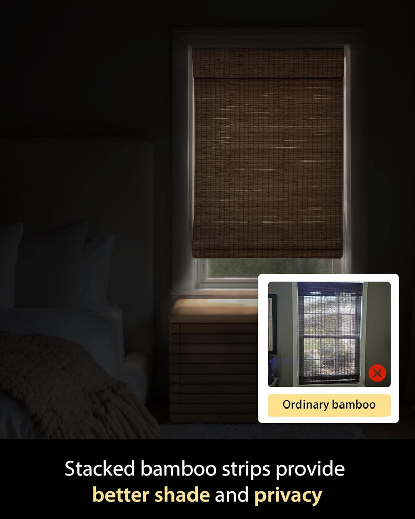 Cordless Bamboo Roman Shades, 35×64 in, Highfield Teak | Wide Bamboo Strip Weaving Technique, High light-blocking