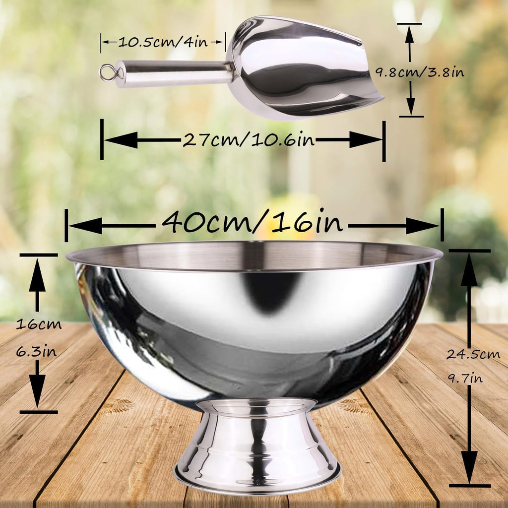 Large Ice Bucket 13L Stainless Steel Champagne Bowl Ice Bucket with Ice Scoop Semicircle Drink Tub with Integrated