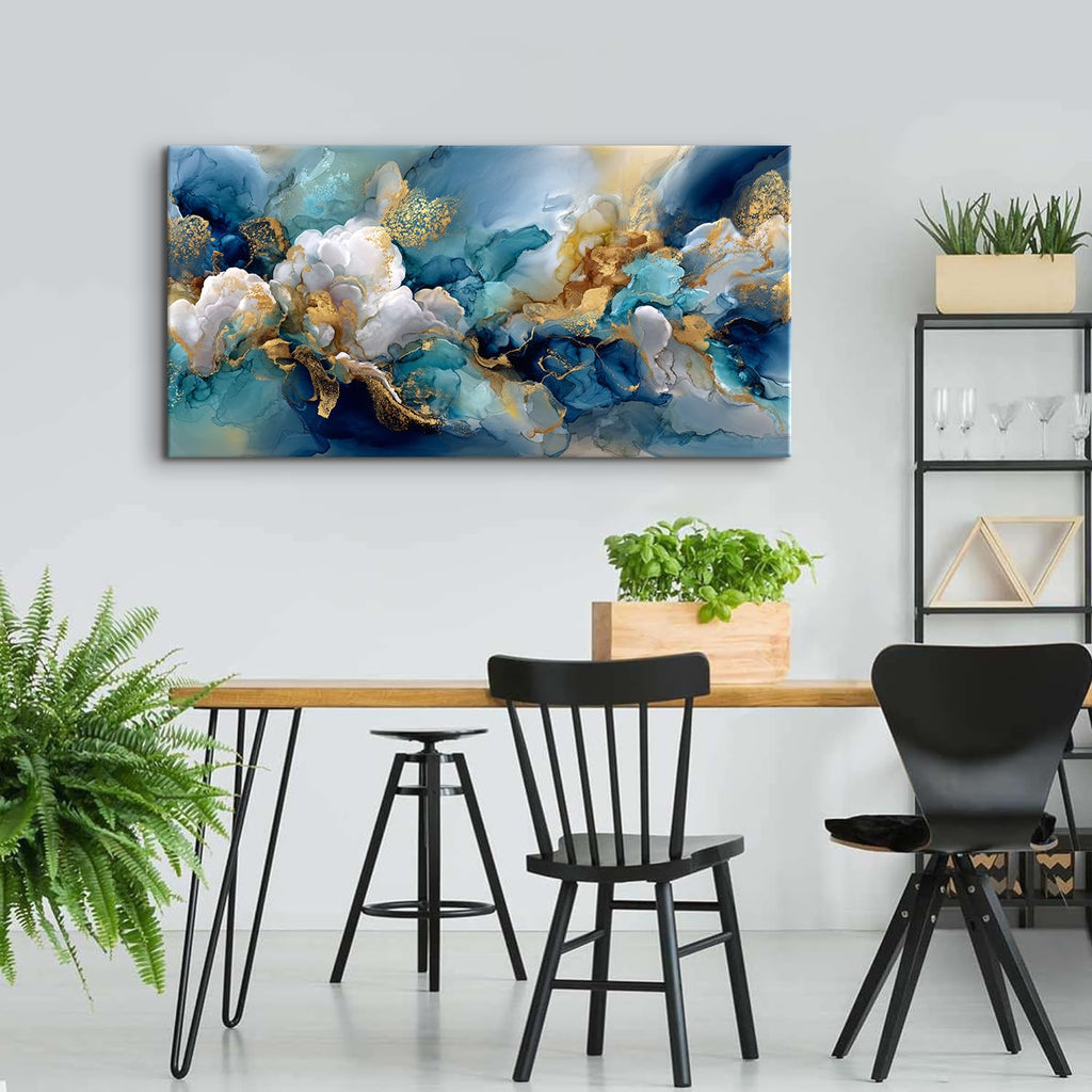 Teal Wall Art Turquoise Abstract Wall Decor Blue and Gold Canvas Pictures Modern Marble Ink Textured Painting Poster