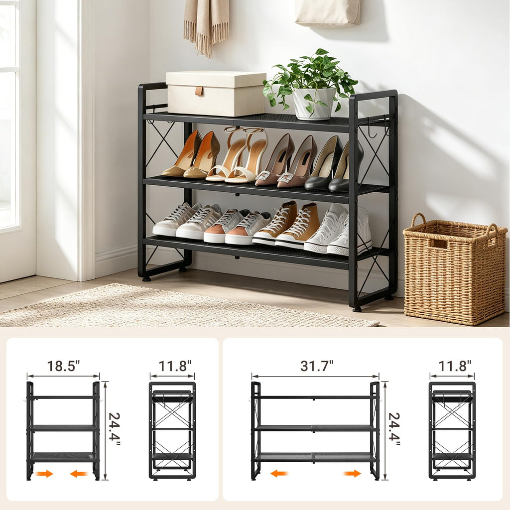 Expandable Shoe Rack for Closet, 3-Tier Metal Black Shoe Organizer
