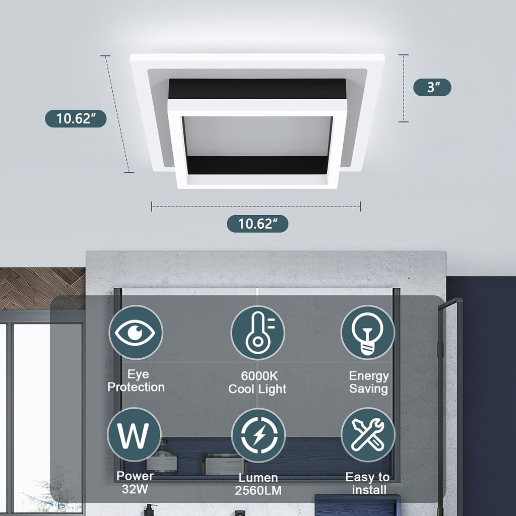 32W Modern LED Ceiling Light, Small Flush Mount Light Fixture, 6500K Cold White Ceiling Lamp, Square Hallway Lighting
