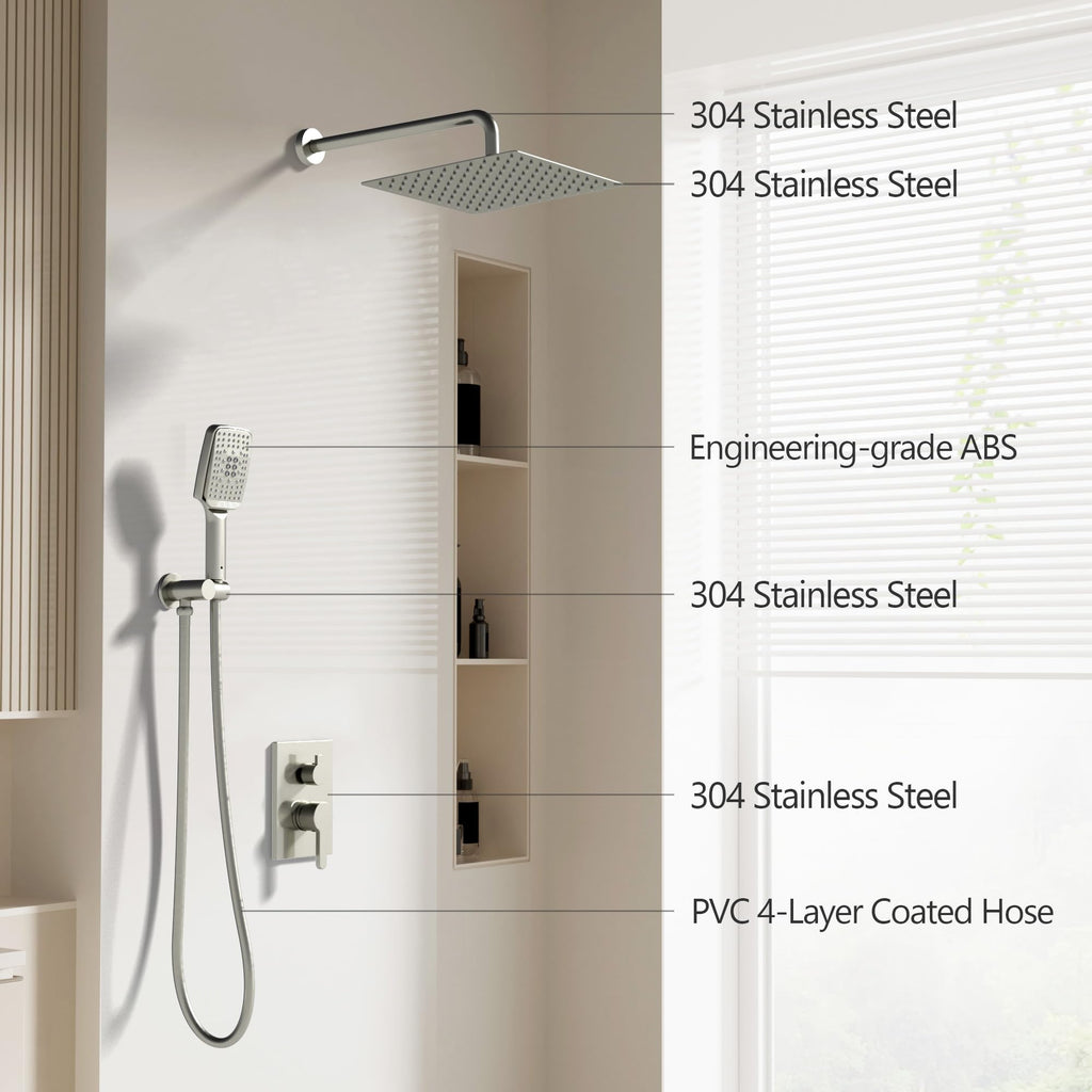 Shower Faucet Set - 12 inches Rain Shower System with 6 Function Handheld Shower Head Rough in Pressure Balance Valve