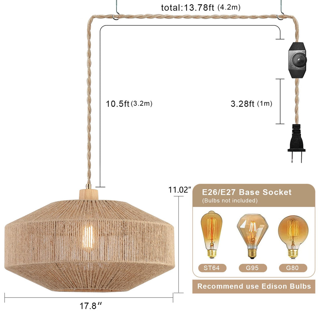 Coastal Large Woven Plug in Pendant Light with 14ft Handmade Woven Light Cord, Dimmable Switch, Natural Hemp Rope