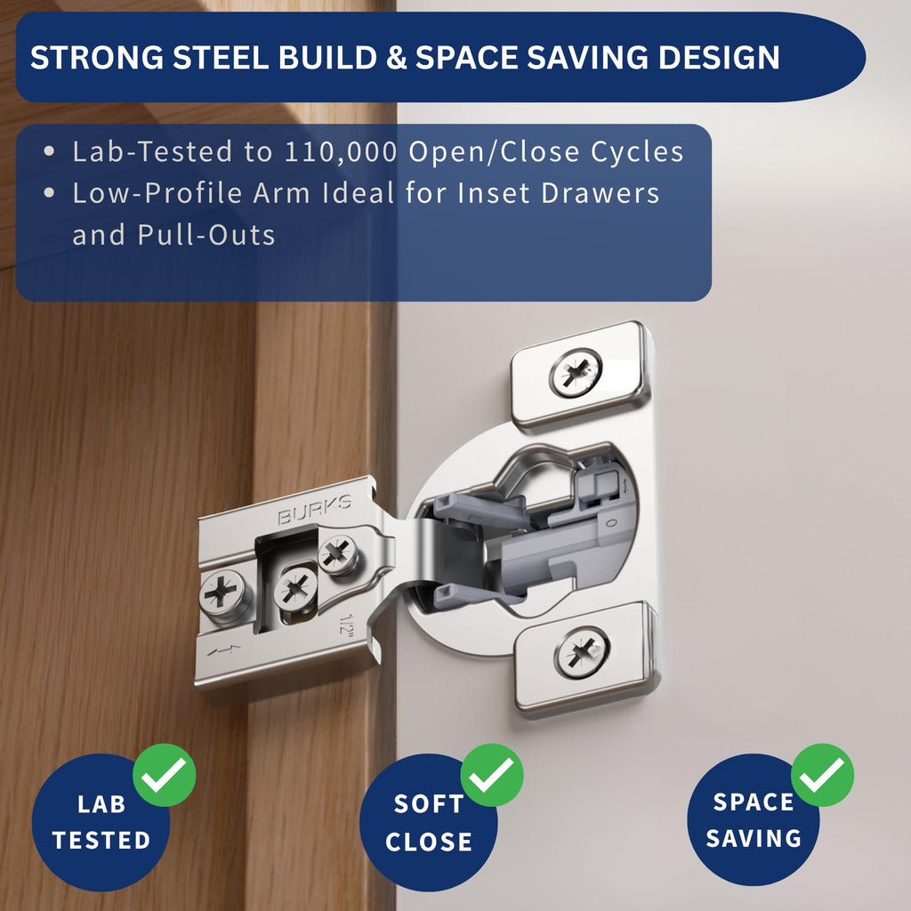Hinges 4 Pack 1/2'' Overlay Soft Close Hinges Cabinets - Stainless Steel, Anti-Rust, Self Closing Concealed Hinges