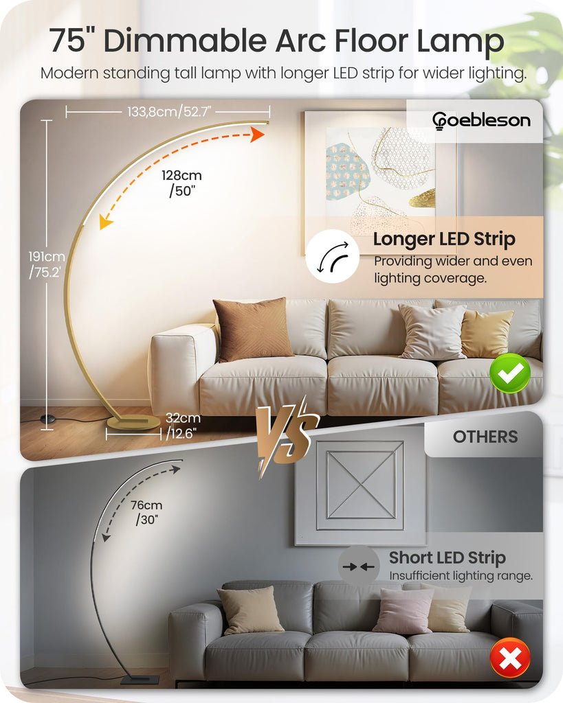 75" Dimmable Gold Arc Floor Lamp with Remote & Foot Control