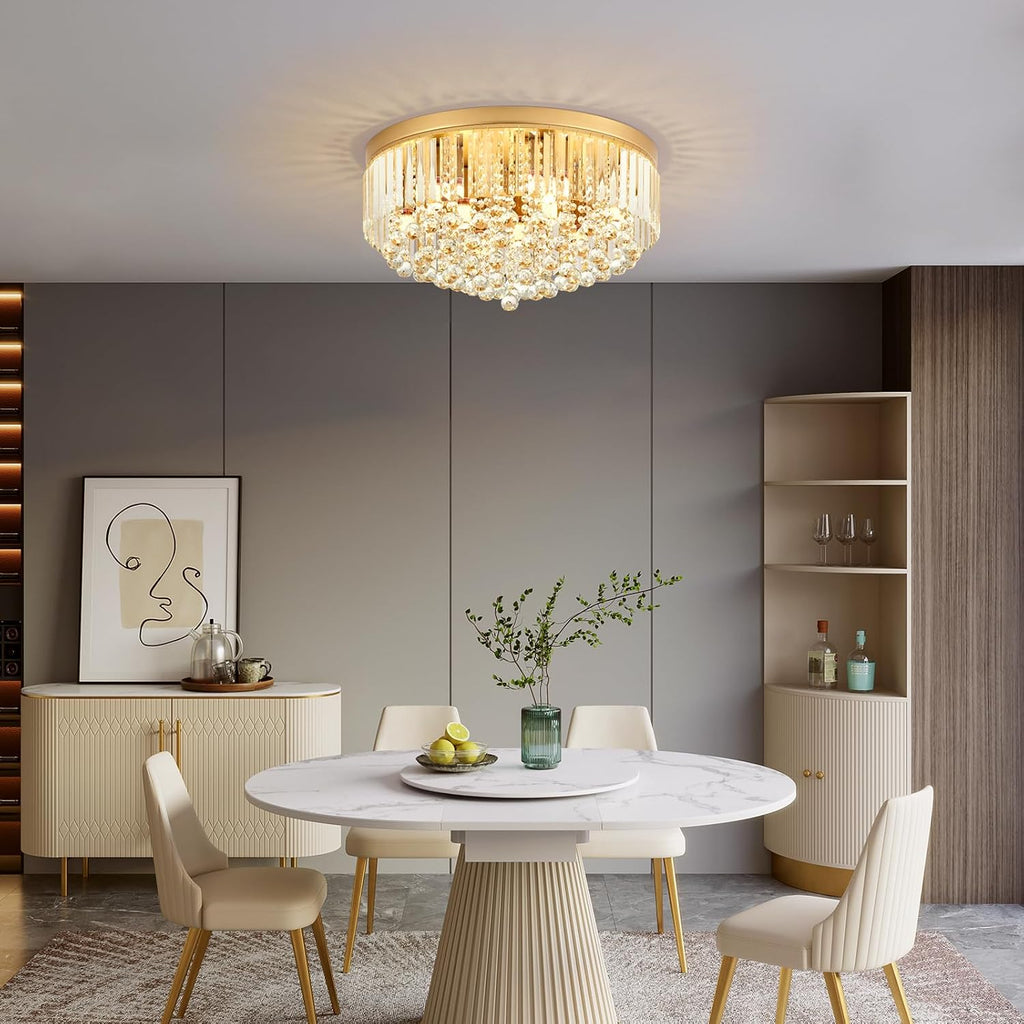 9-Light Gold Crystal Chandelier Contemporary 22'' Modern Semi Flush Mount Crystal Hanging Light Sparkling Decoration
