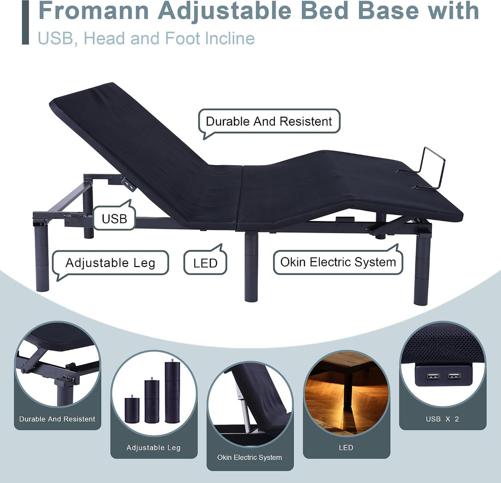 Queen Adjustable Bed Frame Base, Head & Foot Incline, USB Ports, Zero Gravity, Nightlight, 3-Heights Adjustable Legs
